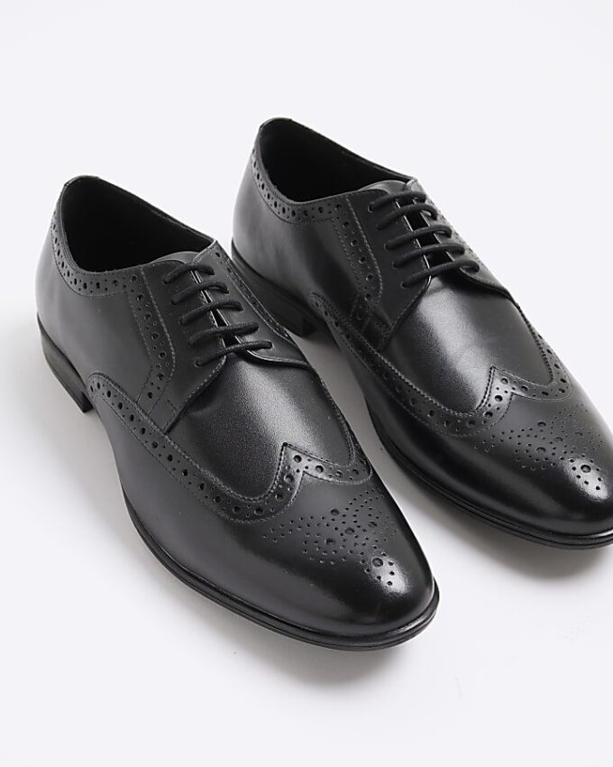 Black Leather Derby Brogue Shoes