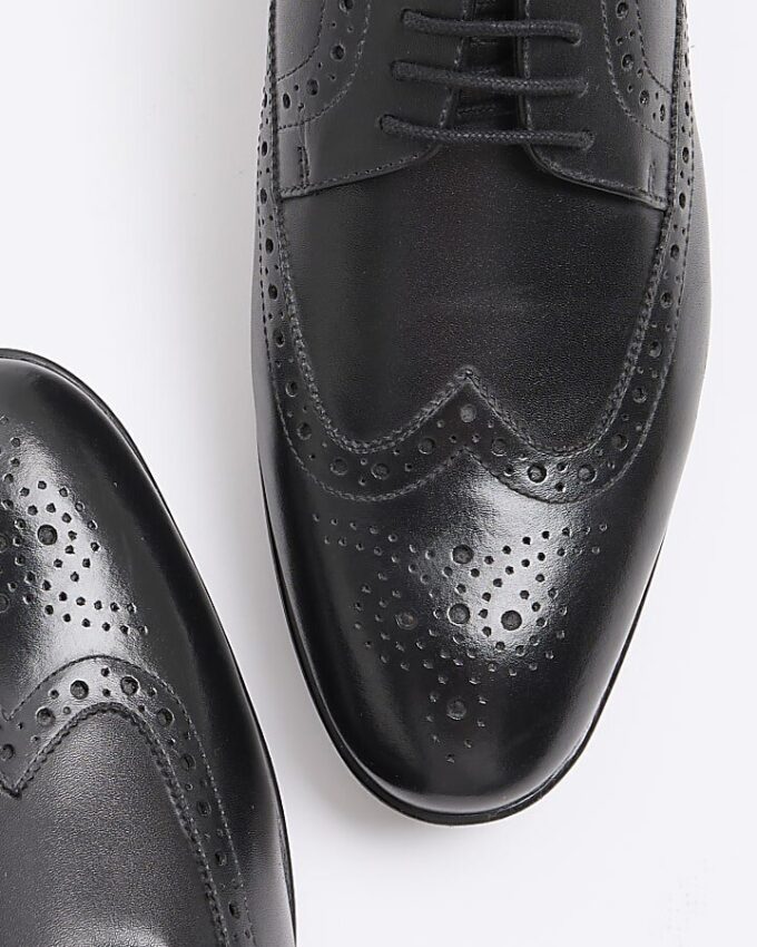 Black Leather Derby Brogue Shoes