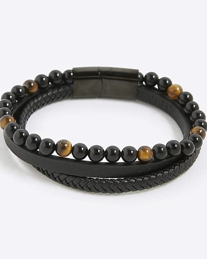 Black Leather Tigers Eye Bracelet