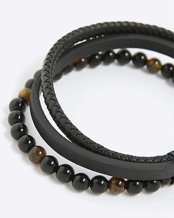 Black Leather Tigers Eye Bracelet