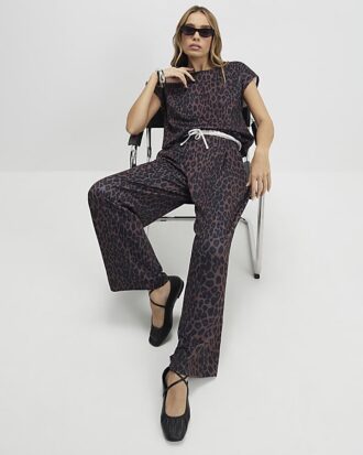 Black Leopard Print Wide Leg Trousers
