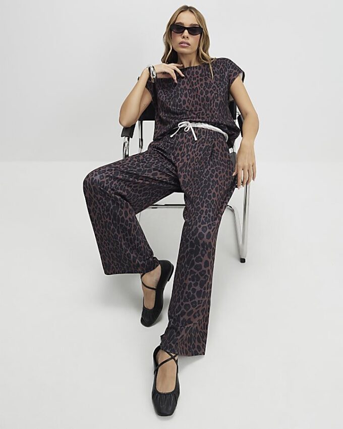 Black Leopard Print Wide Leg Trousers
