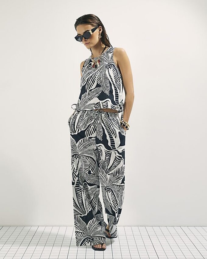 Black Linen Blend Palm Print Beach Trousers