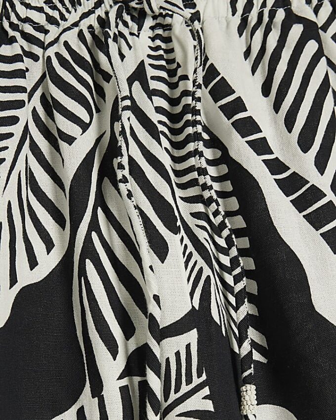 Black Linen Blend Palm Print Beach Trousers