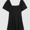Black Linen Blend Shirred Mini Dress