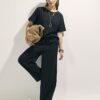 Black Linen Blend Short Sleeve Top