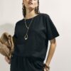 Black Linen Blend Short Sleeve Top