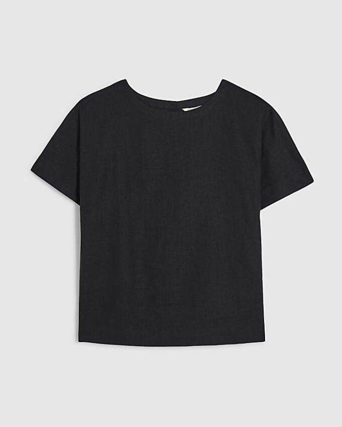 Black Linen Blend Short Sleeve Top