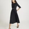 Black Long Sleeve Boat Neck Belted Midi Dress