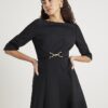 Black Long Sleeve Boat Neck Belted Midi Dress
