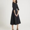 Black Long Sleeve Boat Neck Belted Midi Dress