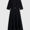 Black Long Sleeve Boat Neck Belted Midi Dress