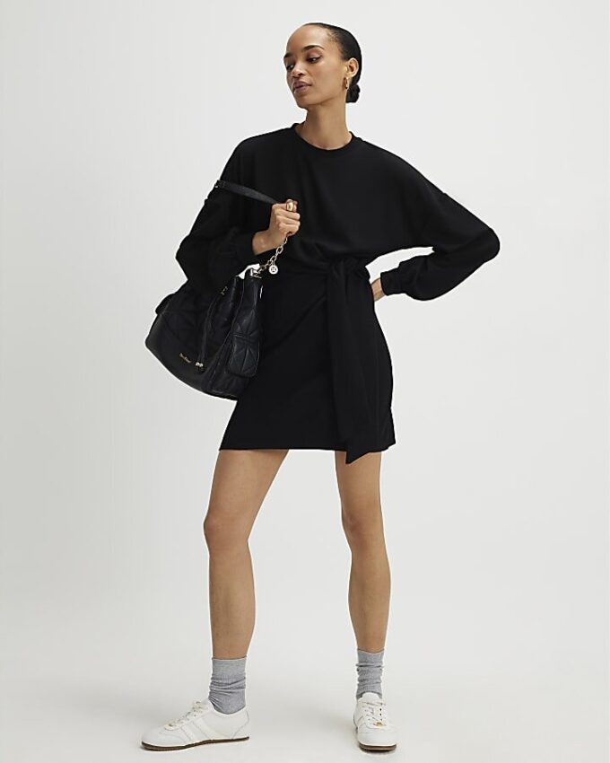 Black Long Sleeve Knot Side Mini Dress