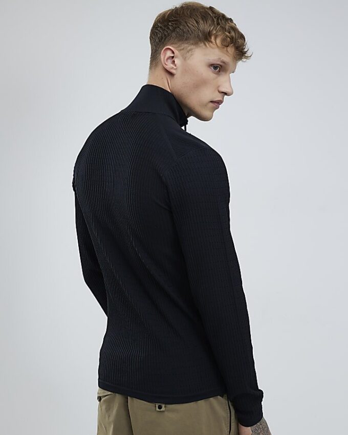 Black Muscle Fit Brick Knitted Funnel Jumper