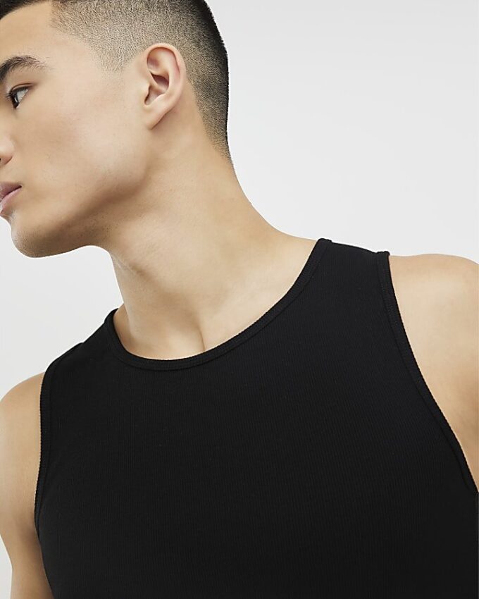Black Muscle Fit Ribbed Vest