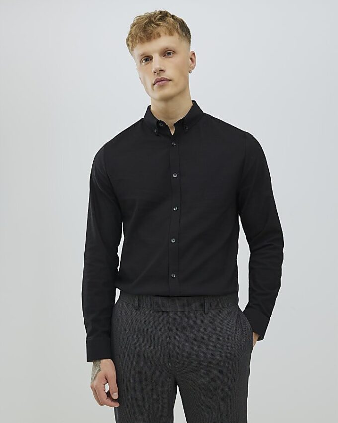 Black Muscle Fit Textured Shirt