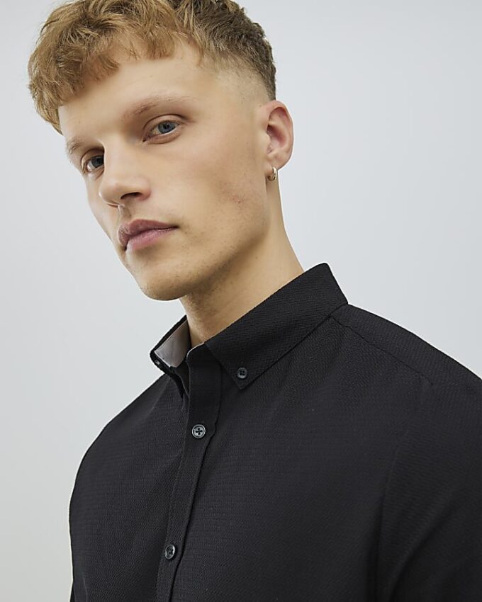 Black Muscle Fit Textured Shirt