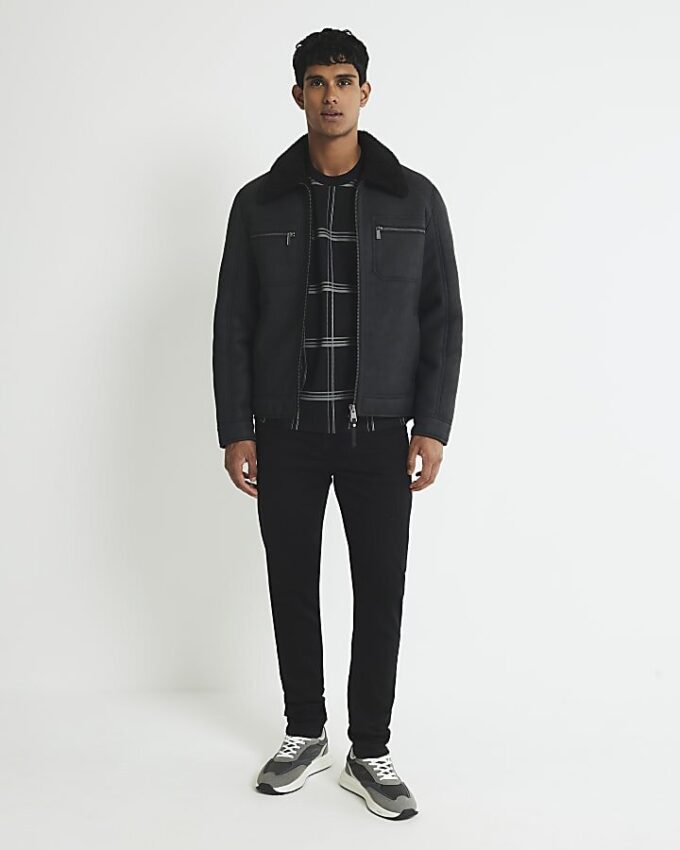 Black Nubuck Zip Shearling Western Jacket