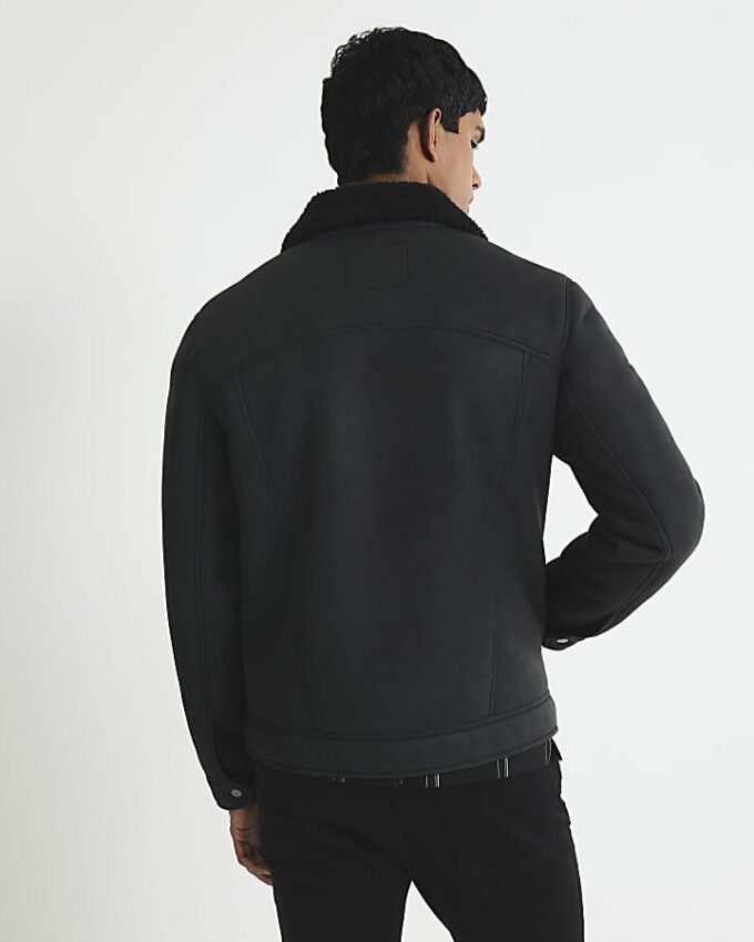 Black Nubuck Zip Shearling Western Jacket
