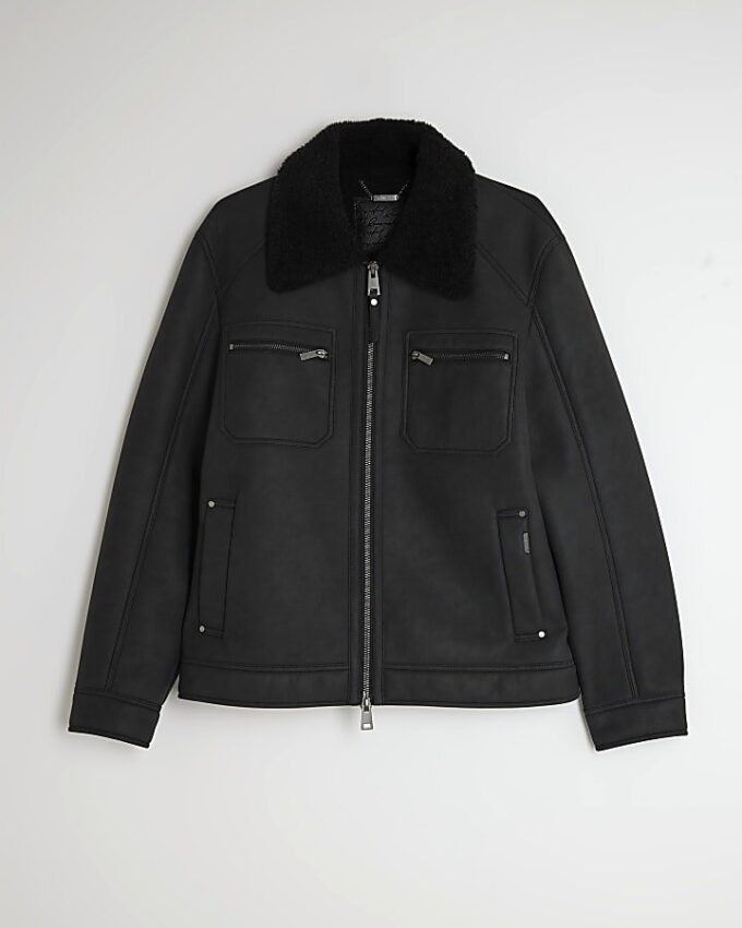Black Nubuck Zip Shearling Western Jacket