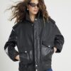 Black Oversize Leather Bomber Jacket