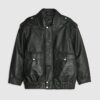 Black Oversize Leather Bomber Jacket