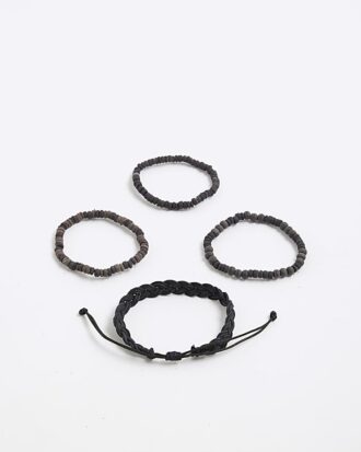 Black Pack of 4 Beaded Wood Bracelets