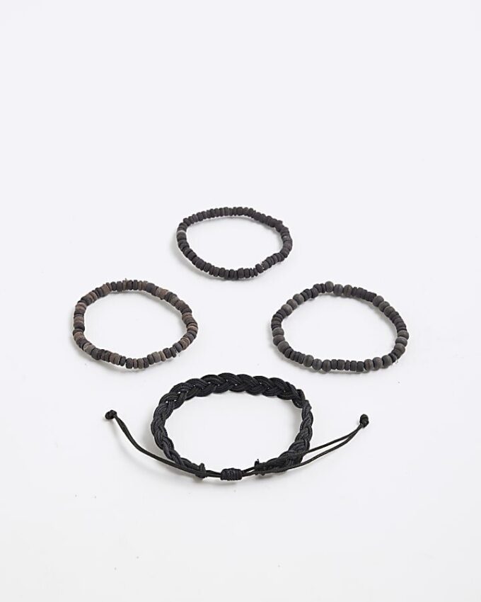 Black Pack of 4 Beaded Wood Bracelets