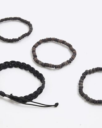 Black Pack of 4 Beaded Wood Bracelets
