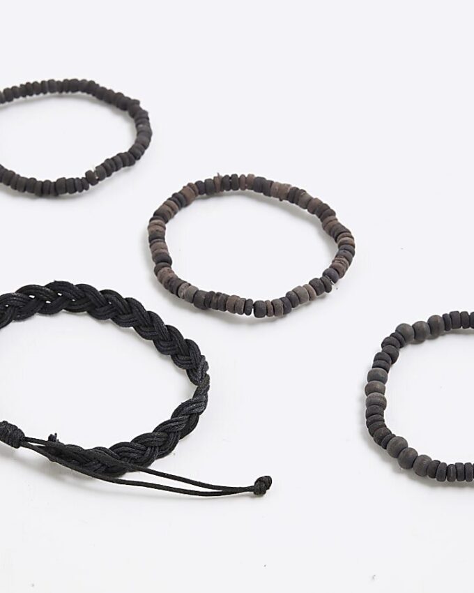 Black Pack of 4 Beaded Wood Bracelets