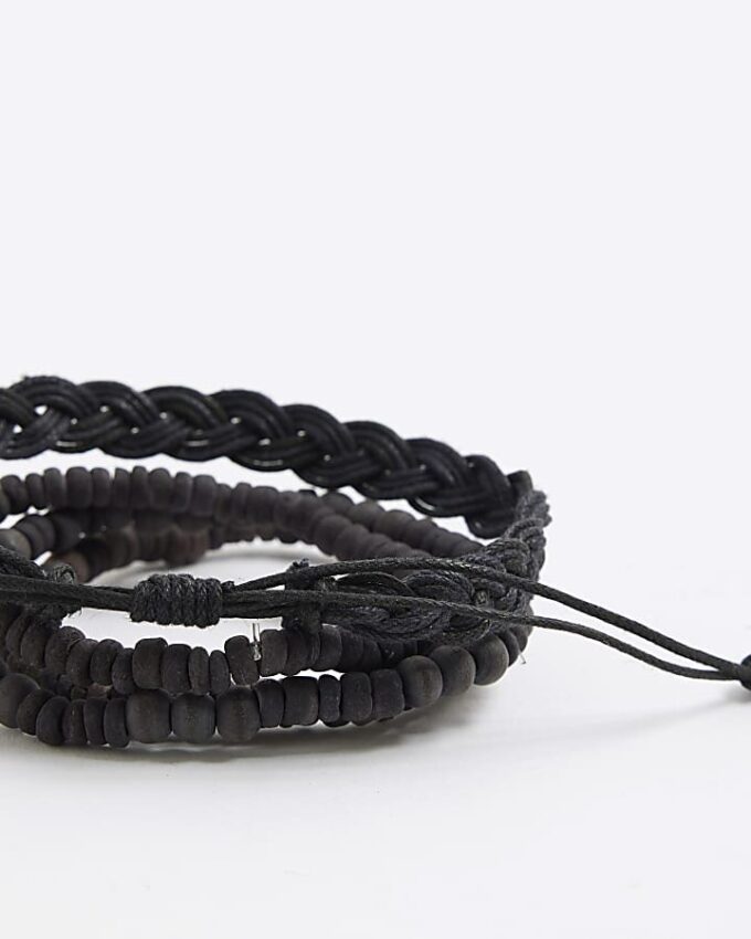 Black Pack of 4 Beaded Wood Bracelets