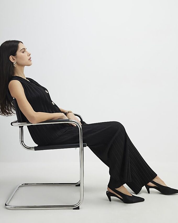 Black Plisse Wide Leg Trousers
