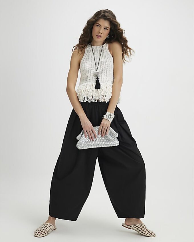 Black Poplin Barrel Leg Trousers