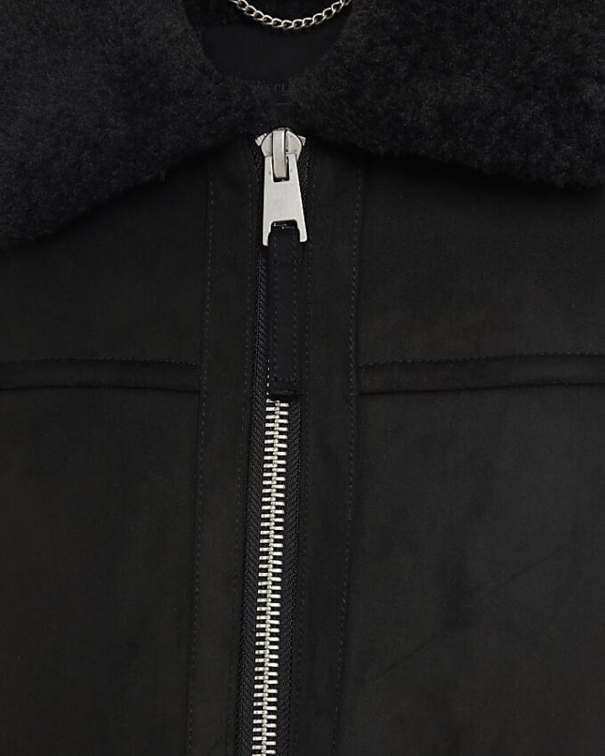 Black Regular Fit Shearling Western Jacket