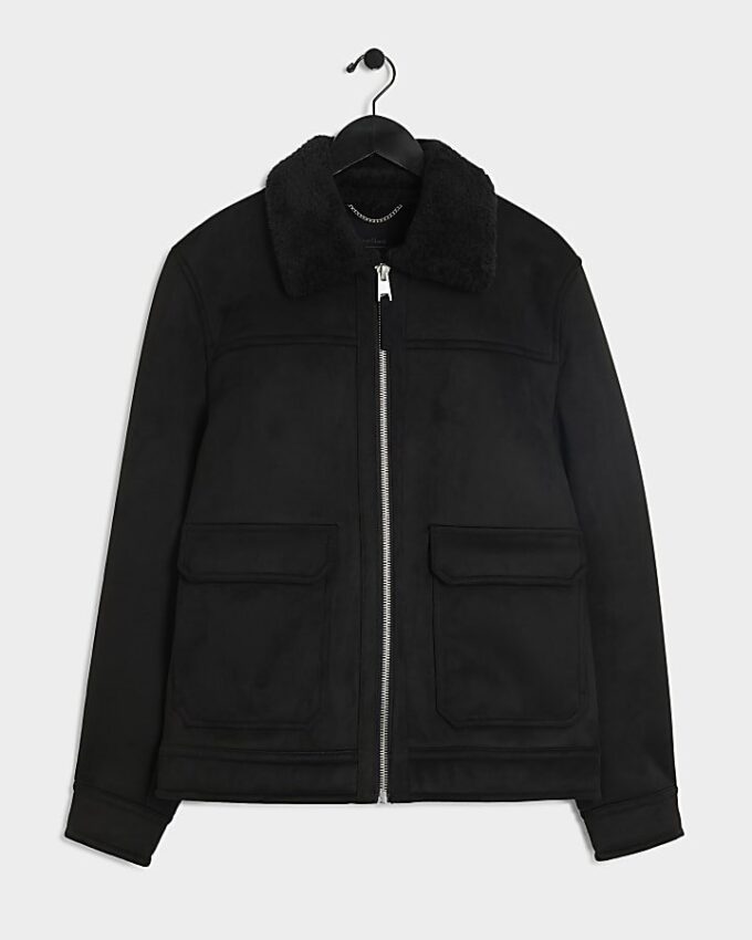 Black Regular Fit Shearling Western Jacket