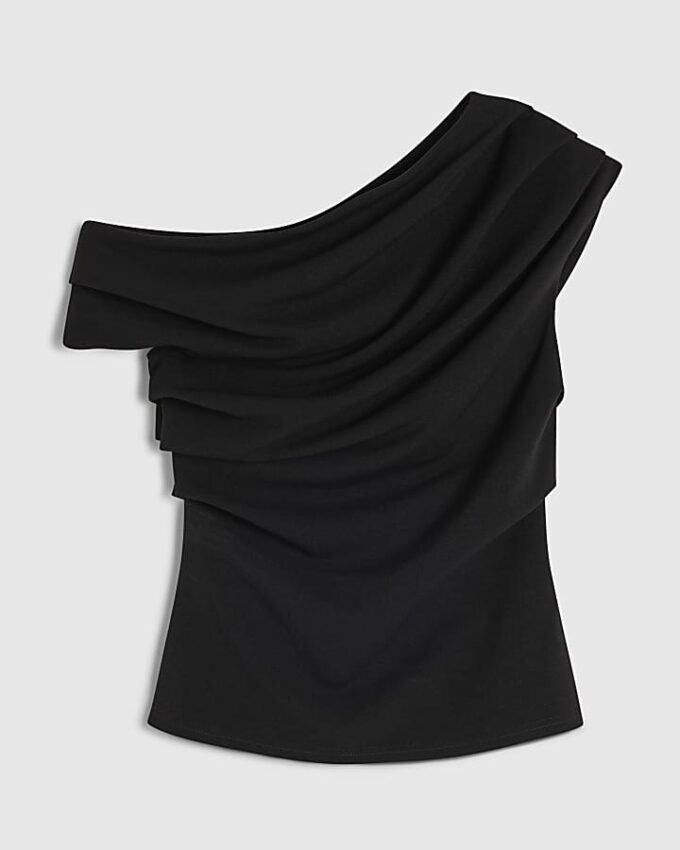 Black Short Sleeve Drape Off Shoulder Top