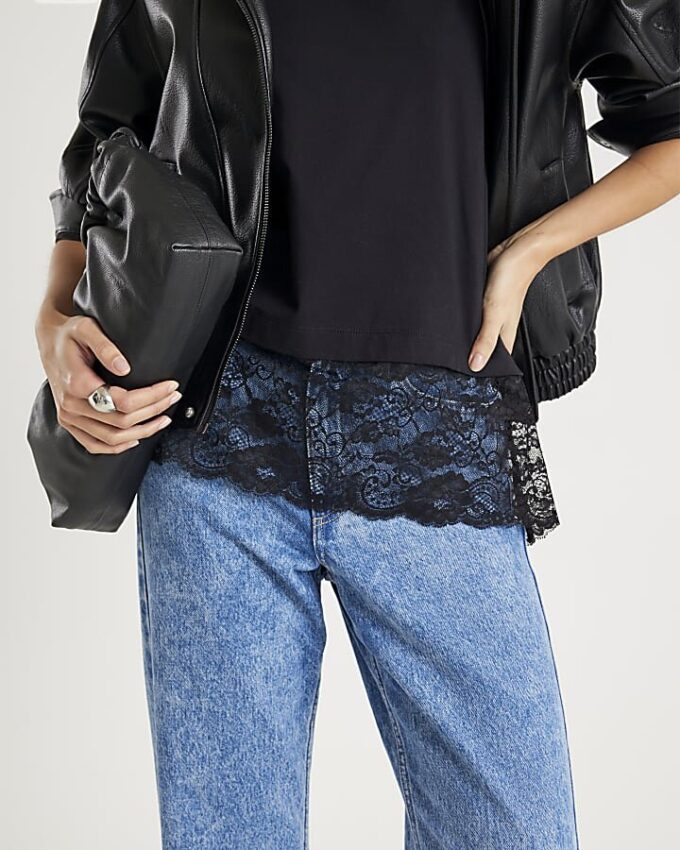 Black Short Sleeve Lace Hem T-shirt