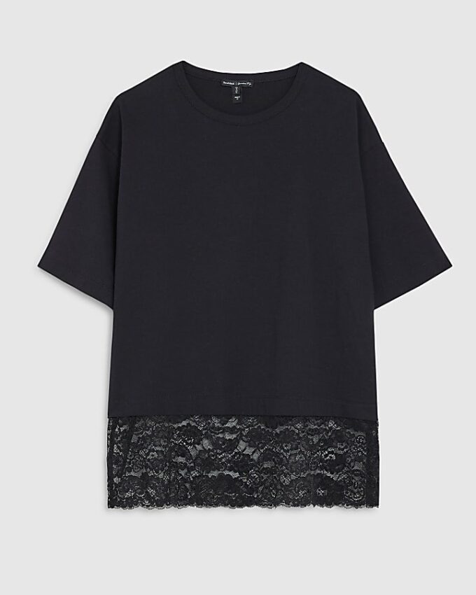 Black Short Sleeve Lace Hem T-shirt