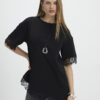 Black Short Sleeve Lace Trim Asymmetric Top