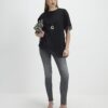 Black Short Sleeve Lace Trim Asymmetric Top
