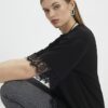 Black Short Sleeve Lace Trim Asymmetric Top