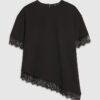Black Short Sleeve Lace Trim Asymmetric Top