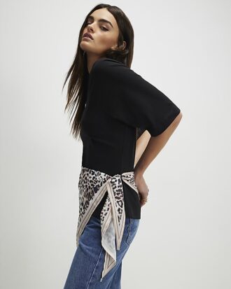 Black Short Sleeve Leopard Scarf Mix T-Shirt