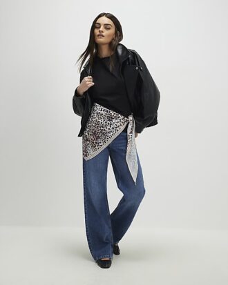 Black Short Sleeve Leopard Scarf Mix T-Shirt