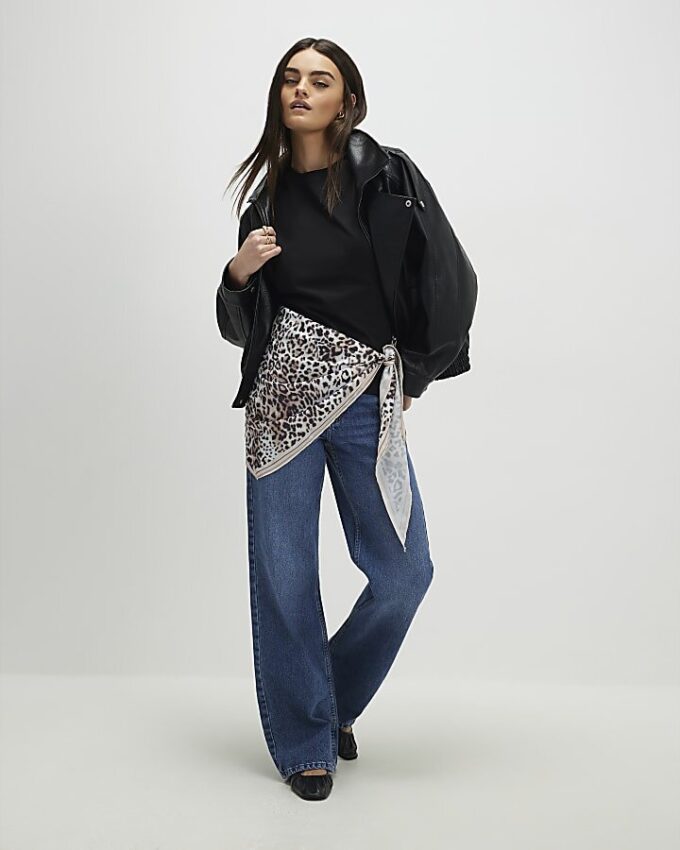 Black Short Sleeve Leopard Scarf Mix T-Shirt