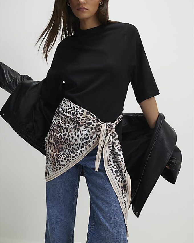Black Short Sleeve Leopard Scarf Mix T-Shirt