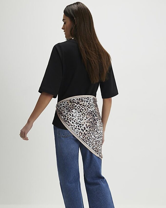 Black Short Sleeve Leopard Scarf Mix T-Shirt