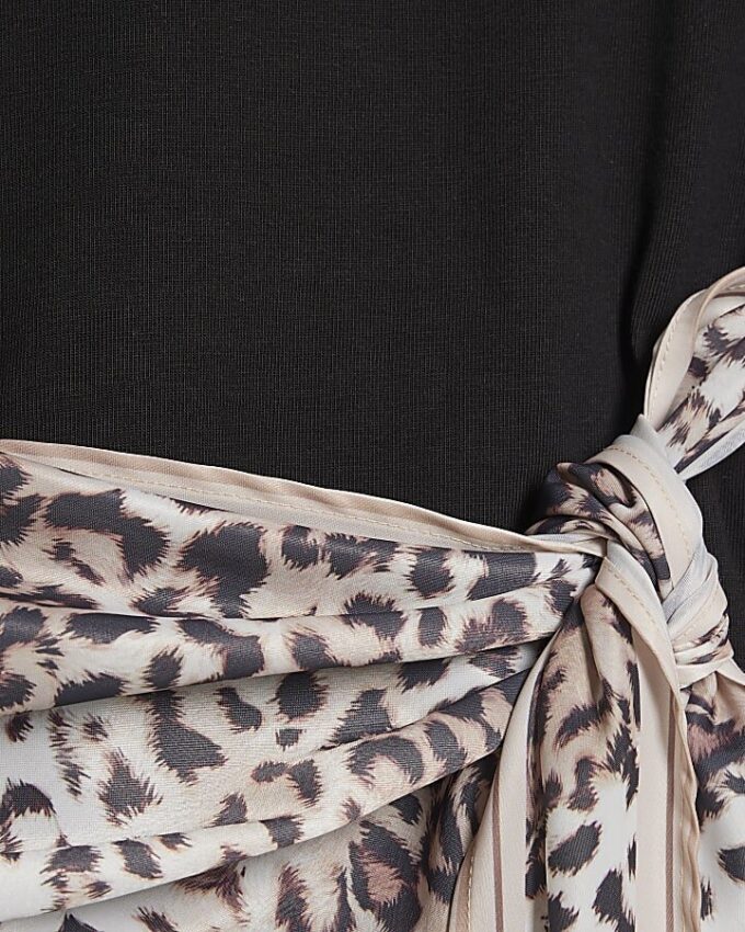 Black Short Sleeve Leopard Scarf Mix T-Shirt