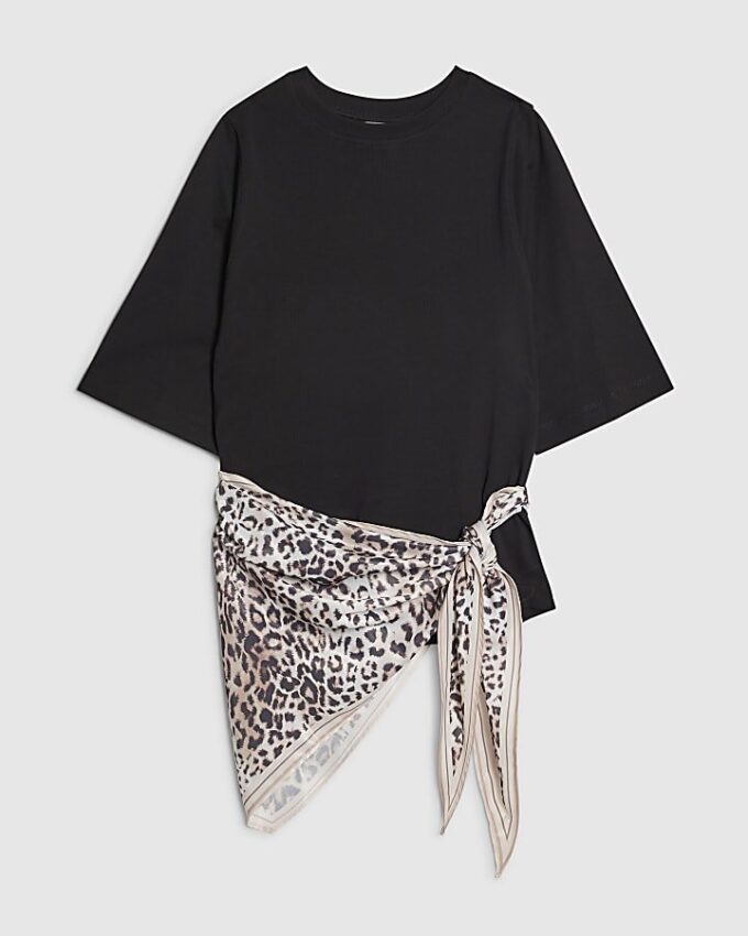 Black Short Sleeve Leopard Scarf Mix T-Shirt
