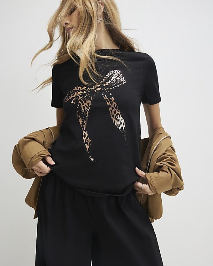 Black Short Sleeve Metallic Bow T-shirt